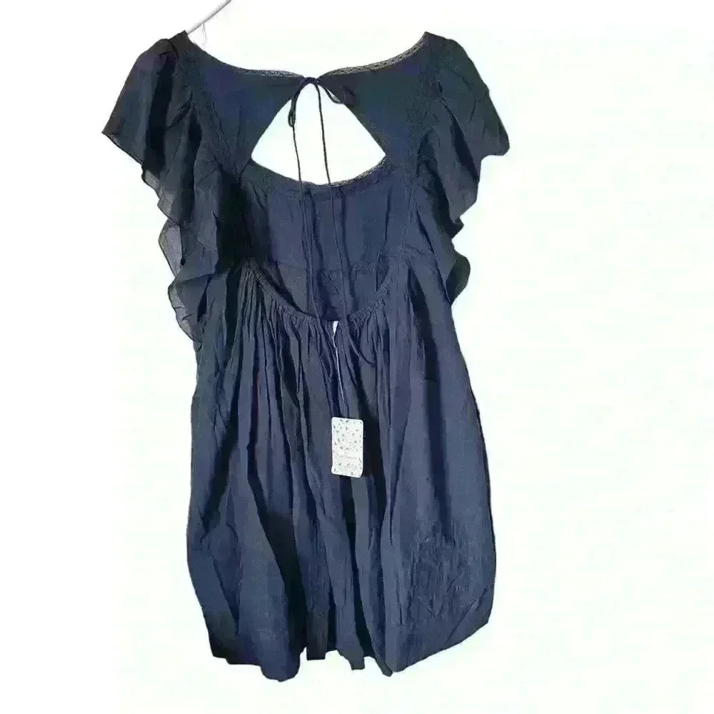 Free People Women's Hailey Cotton Ruffle Short Sleeve Mini Dress Navy M $148 NWT - Picture 3 of 12